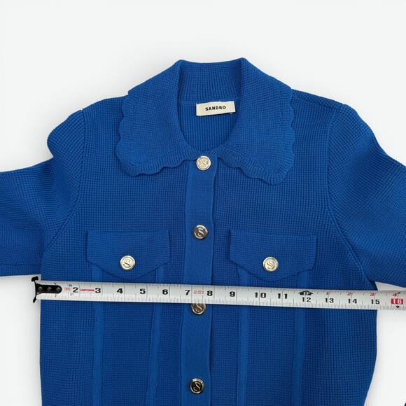 Sandro Knit Paco Cardigan Womens Size 2 Scalloped Collar Gold Snap Blue - Picture 6 of 12